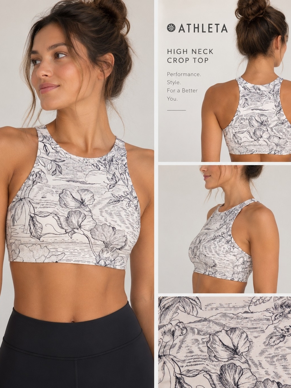Athleta Floral High Neck Crop Top in Cream and Black Sketch